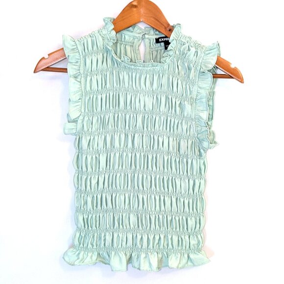 Express | Mint Green Allover Smocked Ruffle Tank Top Blouse | Size Small - Picture 3 of 9